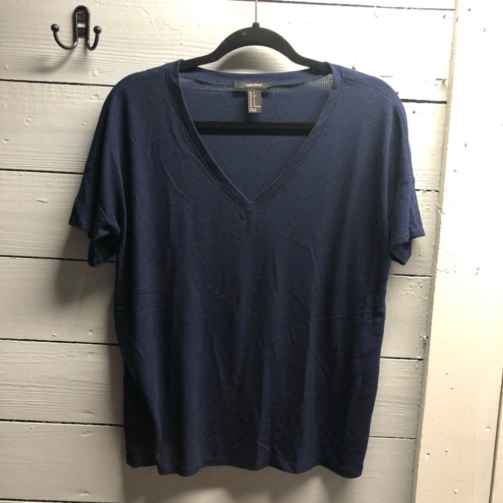 Forever 21 Womens VNeck Ribbed Blouse Navy Blue Small